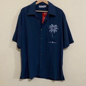 Source Unknown Navy Short-Sleeve Camp Shirt with Palm Embroidery
